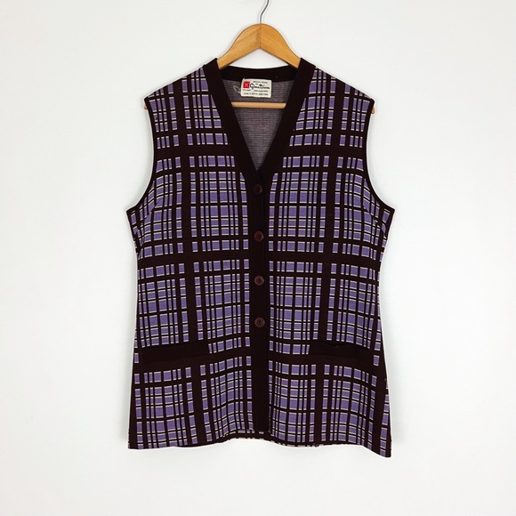 Vintage Pure Wool Gina Teresa Button-Front Plaid Knit Vest in Purple & Brown | L - Picture 8 of 10